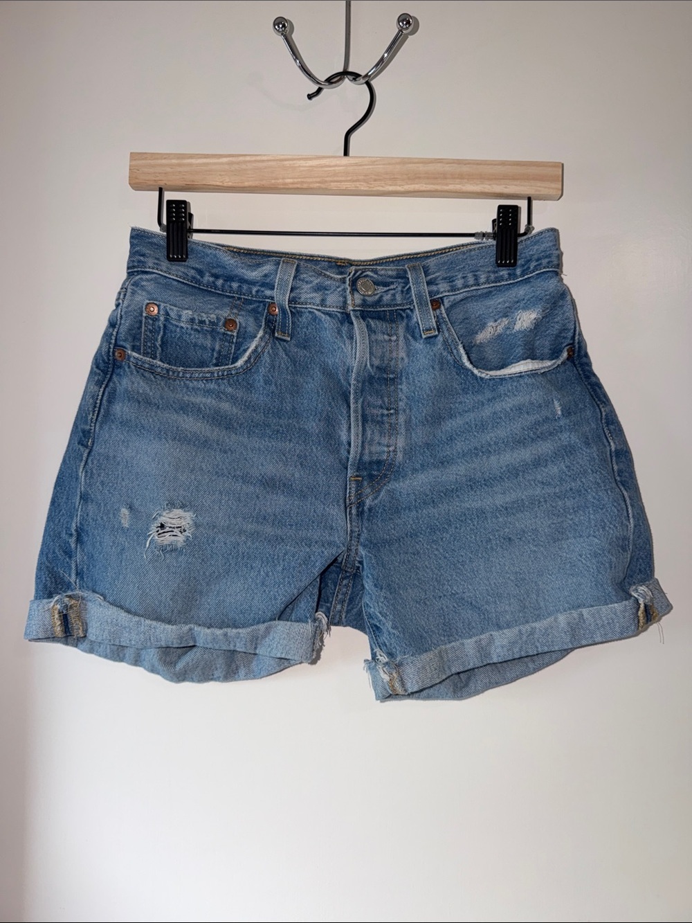 Levi's Light Blue Rolled Cuff Distressed Denim Shorts